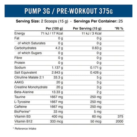 Pump 3G Pre-Workout Nutritional Information and Supplement Facts